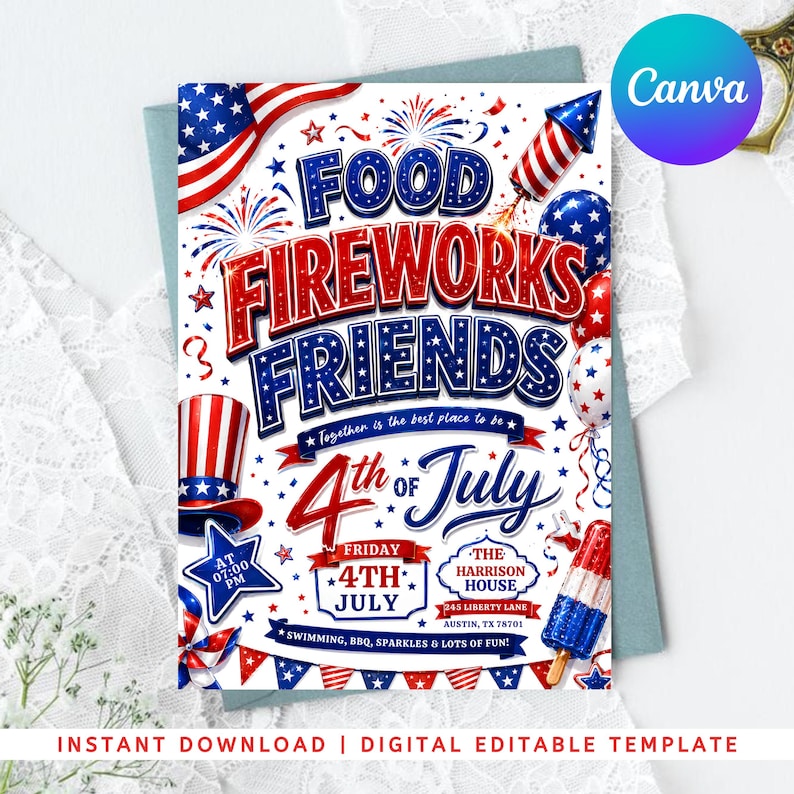 4th Of July BBQ Invitation, Party In USA Invite, Independence Day BBQ Barbeque Invite, July Fourth Food Friend and Firework, Editable Canva250th America Anniversary Invitation, USA Patriotic 4th of July Party Invite, Independence Day Invitation, Editable Canva Template
4th of July Invitation Template, USA Independence Day Invitation, Summer Party Invitation, Editable Canva BBQ Invite,