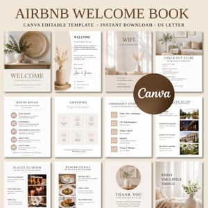Op de afbeelding: Een digitaal in Canva bewerkbaar sjabloon voor een Airbnb-welkomstboek in US letter-formaat. Het document bevat meerdere pagina's met foto's in neutrale tinten, inclusief secties voor huisregels, voorzieningen en lokale aanbevelingen.