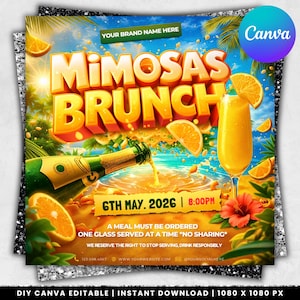 Puede incluir: Gráfico digital vibrante que promociona un brunch de Mimosa. La imagen presenta un cóctel de mimosa, rodajas de naranja y una botella de champán. El texto incluye "Mimosas Brunch", fecha, hora y otros detalles. El fondo es una escena tropical.