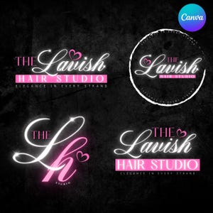 May include: A set of logos for "The Lavish Hair Studio" in white and pink, with a black background. The logos use elegant cursive fonts and heart symbols. The tagline "Elegance in Every Strand" is also present.