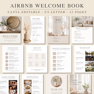 May include: A 12-page Airbnb welcome book template in US letter size, featuring editable pages for house rules, amenities, emergency information, local attractions, and check-out guides with neutral beige and white color schemes.