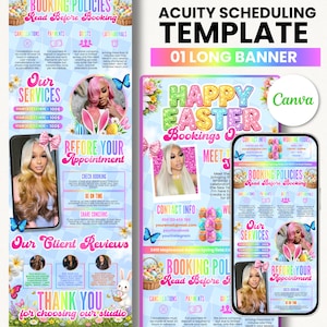 May include: A colorful Easter-themed Acuity Scheduling template with the text "Happy Easter Bookings." The design includes images of a woman, Easter eggs, butterflies, and a bunny. The template is designed for booking appointments.