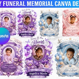 May include: A collection of six digital memorial templates for infants featuring oval photo frames, purple and blue floral arrangements, teddy bears, balloons, clouds, and text including Forever in Our Hearts and Angelica Marie.