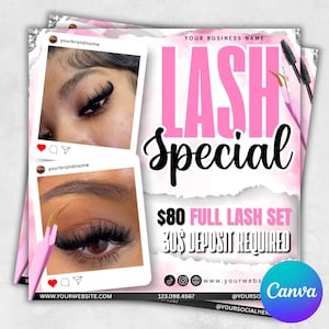 May include: A pink and white flyer promoting a lash special. The flyer includes images of eyelashes, the text "LASH Special", and details about a full lash set for $80. Social media icons and a website address are also visible.