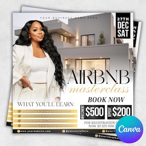 May include: An Airbnb masterclass advertisement featuring a woman in a white suit. The flyer includes text about what will be learned, the investment and deposit amounts, and a registration phone number. The background shows a modern house.