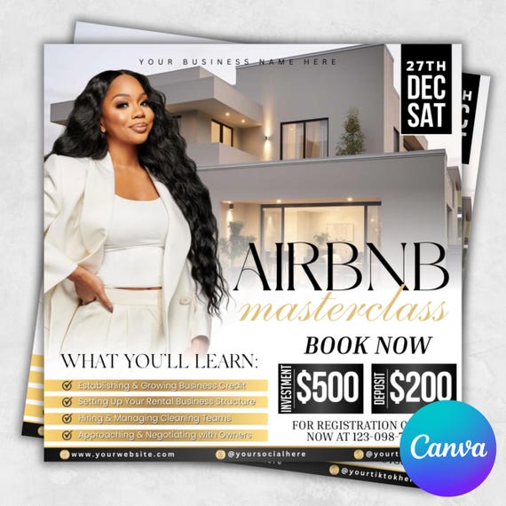 Airbnb Masterclass Flyer, Masterclass Flyer, Airbnb Course, Airbnb Flyer, Airbnb Class, Estate Agent flyer, Host Airbnb, Canva Editable