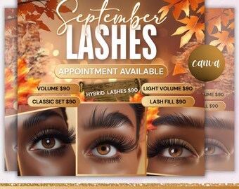 September booking flyer, September flyer, Fall Season Booking Flyer, Fall Szn Sale, Wig Install, Lash Nail Braids Flyer, Canva Editable