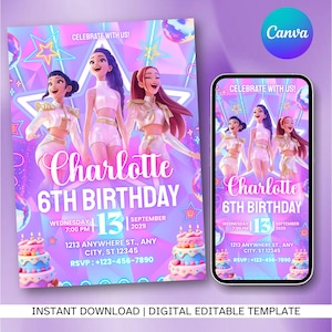 May include: Digital birthday invitation featuring three animated figures in white outfits, with the name "Charlotte" and "6th Birthday" in large pink text. Includes date, time, and RSVP information. The design is on a purple background with stars and disco balls.