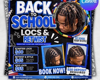 Flyer Rentrée des classes : Locs et Retwist, Flyer Coiffure, Flyer Spécial Locs, Flyer Dreadlocks, Flyer Coiffeur, Rentrée des classes, Modèle Canva modifiable