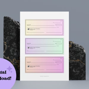 May include: Printable checkbook template with three blank checks. The checks have a gradient background in pink, green, and blue. The checks are labeled "Bank of Cosmic Abundance".