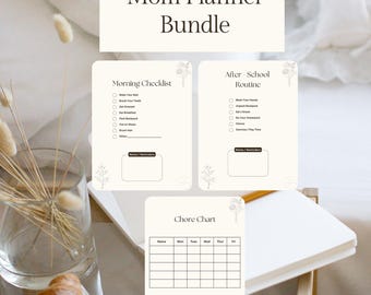 Könnte beinhalten: Ein Bundle von Mom Planner-Blättern mit cremefarbenem Hintergrund. Das Bundle enthält eine Morgen-Checkliste, eine Nach-der-Schule-Routine und eine Aufgabenliste. Der Text "Mom Planner Bundle" steht oben. Jedes Blatt hat florale Akzente.