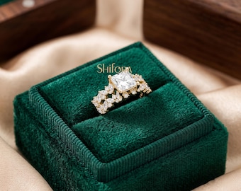Princess Cut Engagement Ring Set | Marquise Cluster Wedding Band | Solid Gold Bridal Set | Floral Nature Inspired Ring For Her