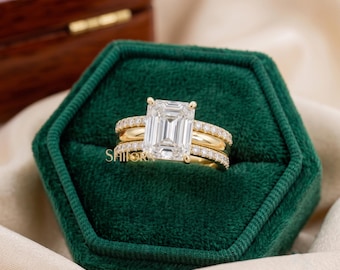 Emerald Cut Engagement Ring | Split Shank Stackable Ring Set | Solid Gold Ring | Wide Band Bridal Set | Anniversary Gift Her