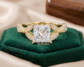 Princess Cut Ring | Floral Leaf Engagement Ring | Nature Inspired Gold Vine Band | Vintage Botanical Diamond Ring Her
