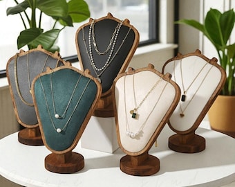 Busto de exhibición de collares de madera, soporte de joyería de tela acolchada