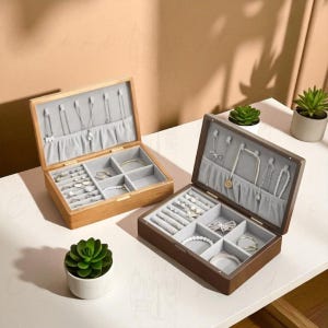 Wooden Jewelry Box with Soft Gray Velvet Interior for Rings Earrings Bracelets Necklaces, Elegant Organizer Storage Case for Women Travel
