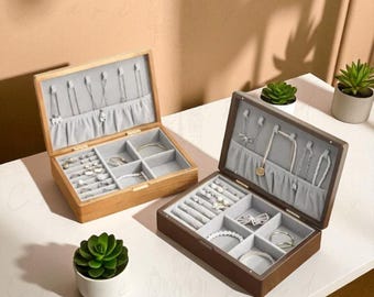 Schmuckschatulle aus Holz mit weichem grauen Samt Interieur, eleganter Organizer Aufbewahrungskoffer
