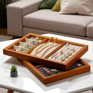 Wooden Jewelry Display Tray: Velvet Organizer Box for Rings, Necklaces, Bracelets