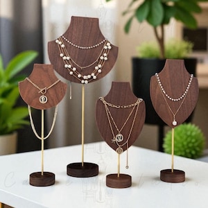 Wooden Necklace Display Stand Set: Brass Rods, Jewelry Bust Holder