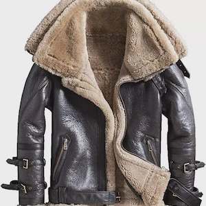 Women&#39;s Aviator RAF Bomber Flying leather Jacket Double Collar Shearling Coat