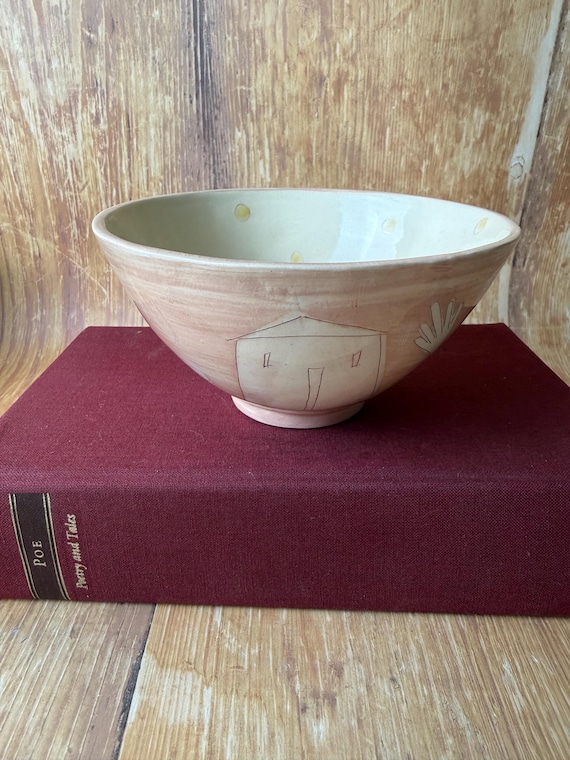 Handmade Figurative Ceramic Bowl — Etched Narrative Art Pottery with Nude Figure & House Motif