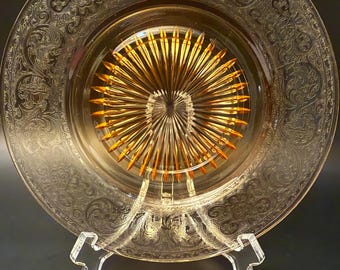 Vintage Amber Carnival Glass Plate with Sunburst & Scroll Design – 8” (Early 1900s)