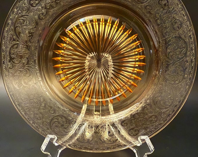 Vintage Amber Carnival Glass Plate with Sunburst & Scroll Design – 8” (Early 1900s)