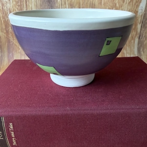 Contemporary Art Pottery Bowl — Purple & Chartreuse Geometric Design, Hand-Glazed Modern Ceramic