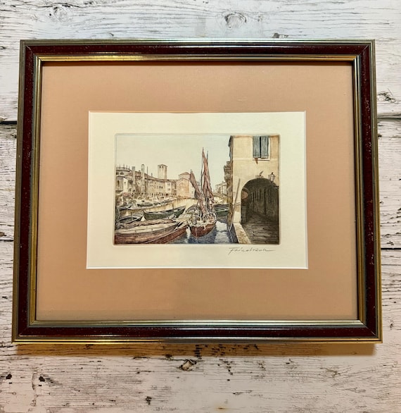 Vintage Hand‑Colored Copper Plate Etching with Boats — Venice Canal Scene, Signed by Artist