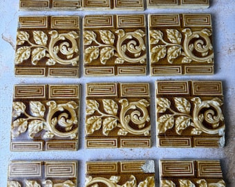 Antique Set of 12 Providential Tile Works Majolica Relief Tiles – Trenton, New Jersey – Victorian Architectural Salvage