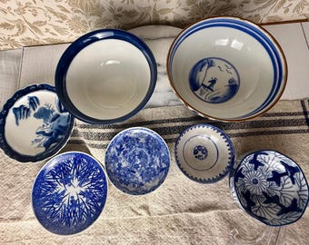 Vintage Chinoiserie Porcelain Set: Japanese Arita Bowls & Transferware Plates