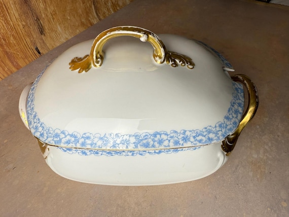 Antique Limoges Porcelain Tureen | Blue Floral, Gold Trim, 19th Century