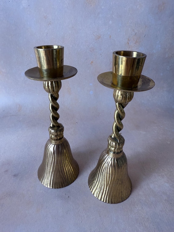 Vintage Italian Brass Tassel Candlestick Holders – Mid-Century Pair with Twisted Stems