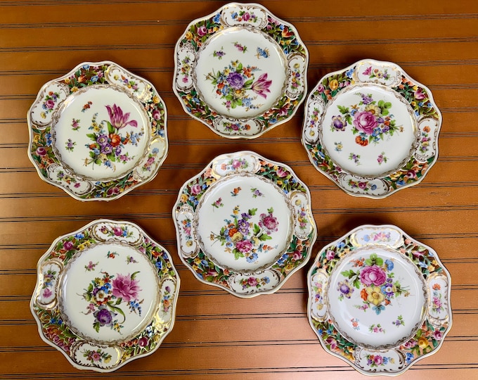Antique Carl Thieme Dresden Porcelain Plates: Hand-Painted Floral, Gilded, Reticulated, Set of 6