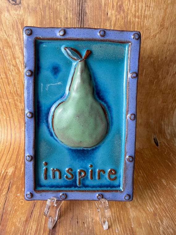 INSPIRE Pear Tile – Eartha Handmade Pottery Wall Art – Whimsical Ceramic, 7.5x5