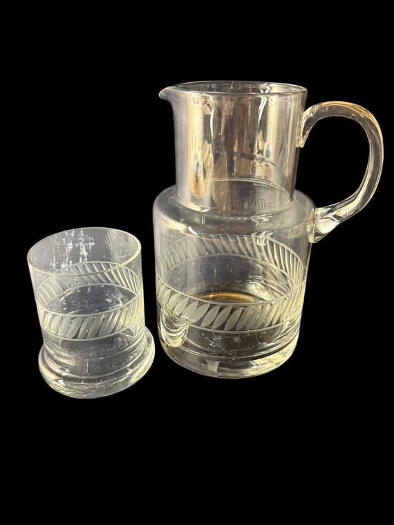 Mid-Century Etched Glass Bedside Carafe Set – Tumble-Up Pitcher & Glass, Leaf Motif