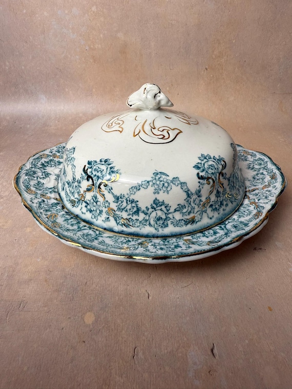 E.W. Wharfe “Duchess” Covered Cheese Dish | Late 19th Century English Semi-Porcelain Transferware