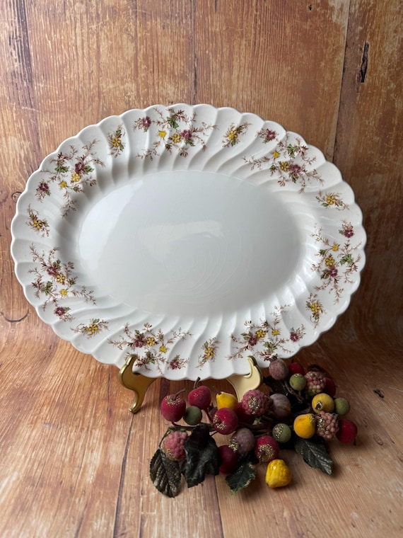 Vintage Heritage Myott Oval Serving Platter – 15” English Hand-Engraved China | Holiday Tableware & Floral Transferware