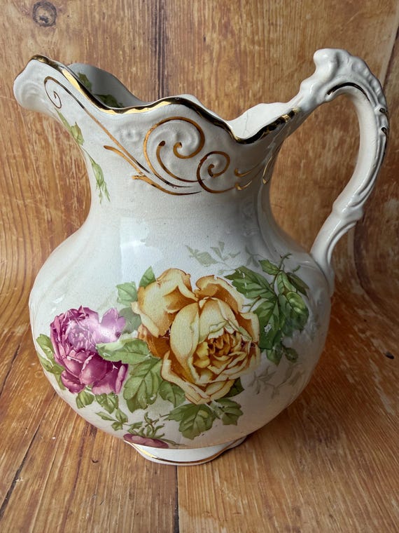 Antique Buffalo Pottery Floral Pitcher – Victorian Revival, Gold Trim