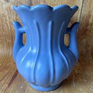 Vintage RumRill Vase – H49 Shape – Matte Periwinkle Blue – 1940s Art Pottery – 8" Tall – Dual Handles – Scalloped Rim – American Pottery