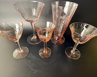 Set of 5 Vintage Pink Depression Glass Stemware – Mixed Lot