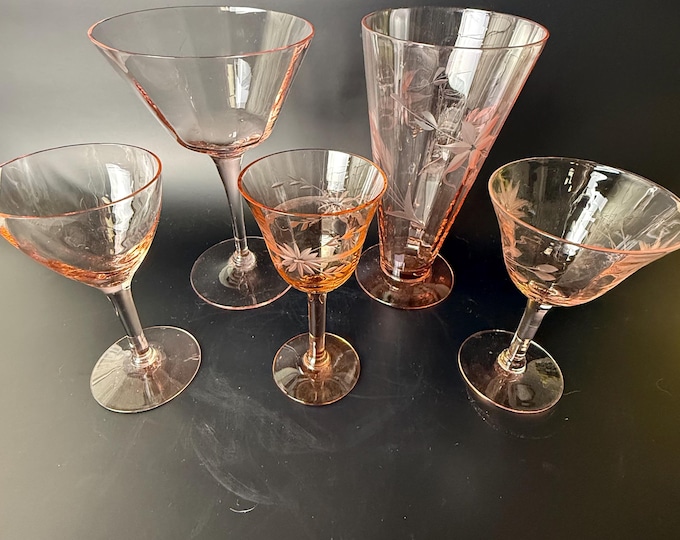 Set of 5 Vintage Pink Depression Glass Stemware – Mixed Lot