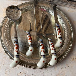 Vintage Sheffield England Serving Set, Floral Porcelain Handles, Silverplate Tray