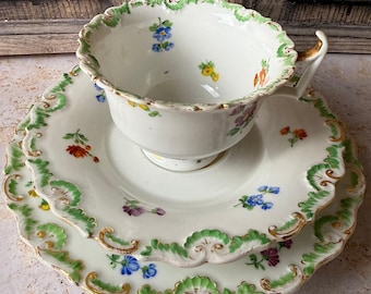 Antique Meissen Tea Set Trio – Hand Painted Streublumen Porcelain