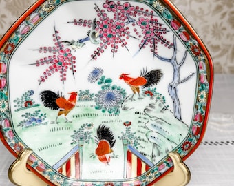 Vintage Kutani Ware Dish – Hand-Painted Roosters & Blossoms – Octagonal Japanese Porcelain