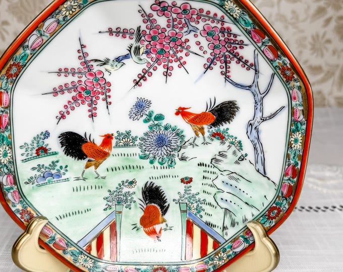 Vintage Kutani Ware Dish – Hand-Painted Roosters & Blossoms – Octagonal Japanese Porcelain