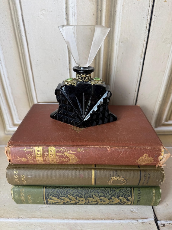 Art Deco Black Glass Perfume Bottle with Crystal Stopper and Jeweled Brass Accents — Czechoslovakia, 1920s