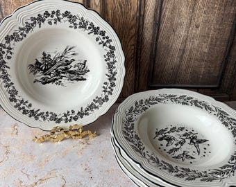 Cuencos de sopa vintage de tela negra con estampado Toile: motivos de gallos, pájaros y faisanes (se venden por separado).