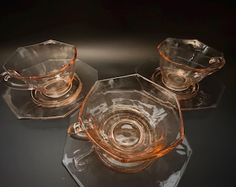 Vintage Pink Depression Glass Octagonal Cups & Saucers – Set of 3 (1930s–1940s)