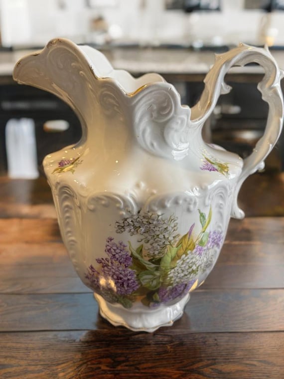 Victorian Lilac Water Pitcher: Antique CR Marquette Porcelain Jug